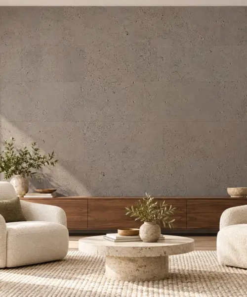 Gray Leather cork wall installed in a furnished interior, product scale visualization (PF3384VZC-6.0)
