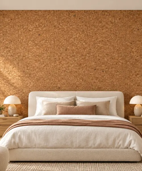 Golden Beach - 5/16" (8mm) - Cork Glue Down Tile (GGo8) Golden Beach cork wall installed in a furnished interior, product scale visualization (PF3390VNN-8.0)