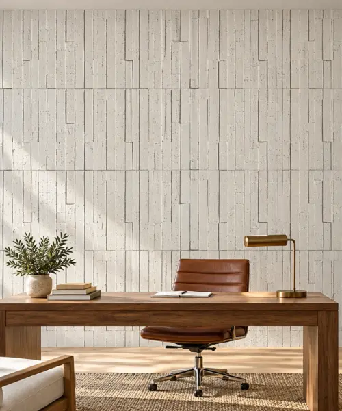 Arctic Slate cork wall installed in a furnished interior, product scale visualization (WArcSlt12)