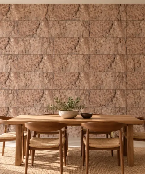 EarthHue cork wall installed in a furnished interior, product scale visualization (WEthHu30)