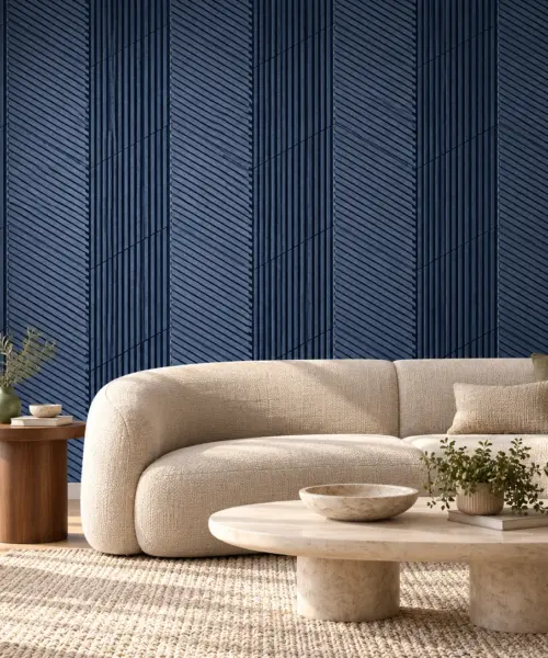 Linear Wood Deep Blue cork wall installed in a furnished interior, product scale visualization (WLWoBl10)