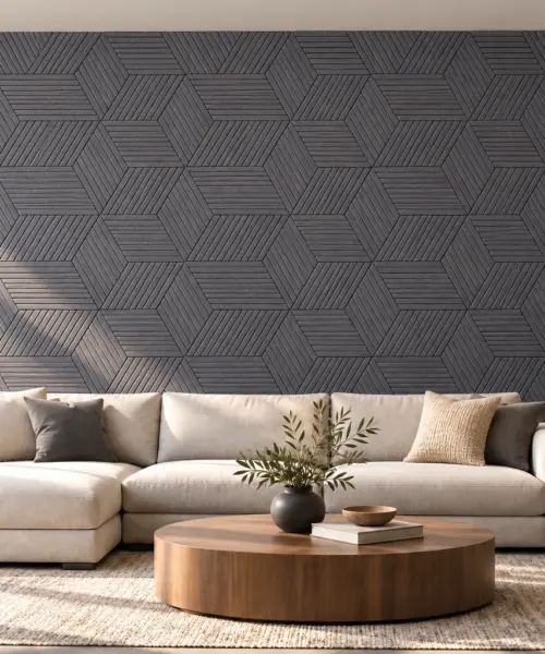 Linear Wood Grey cork wall installed in a furnished interior, product scale visualization (WLWoG10)