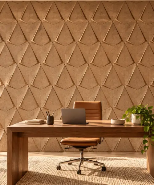 Petal Natural cork wall installed in a furnished interior, product scale visualization (WPN30)