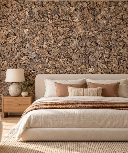 Roccia HDF cork wall installed in a furnished interior, product scale visualization (WRocc28)