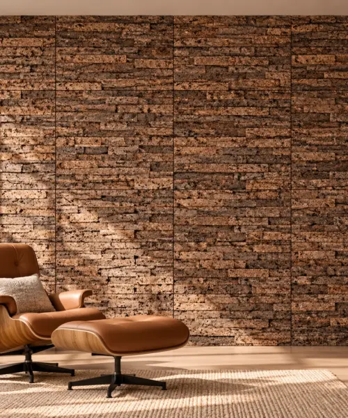 Stacked Stone cork wall installed in a furnished interior, product scale visualization (WSkSt22)
