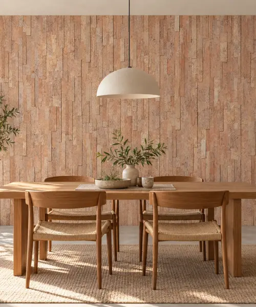 Slimwood cork wall installed in a furnished interior, product scale visualization (WSlwo12)