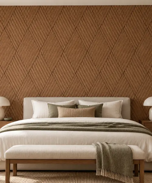 Striato Natural cork wall installed in a furnished interior, product scale visualization (WSN11)