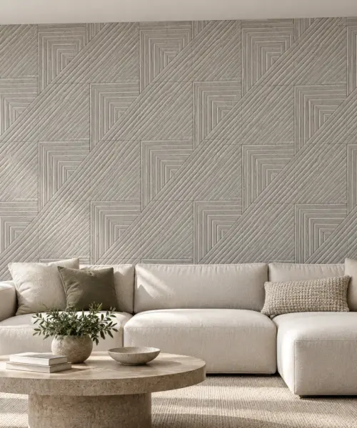 Striato cork wall installed in a furnished interior, product scale visualization (WSTO11)