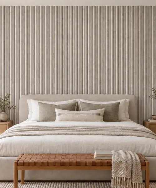 Slatwall Perla cork wall installed in a furnished interior, product scale visualization (WSwP17)