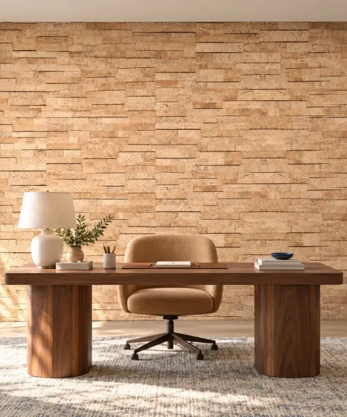 Wood Bricks cork wall installed in a furnished interior, product scale visualization (WWoBr9)