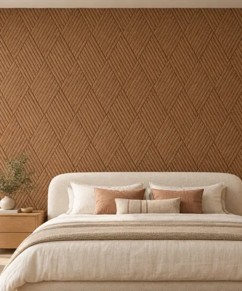 Wood Rigato cork wall installed in a furnished interior, product scale visualization (WWR11)
