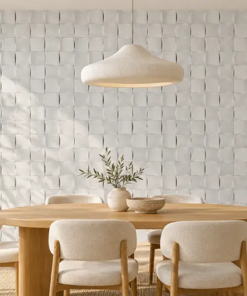 Wave White cork wall installed in a furnished interior, product scale visualization (WWWh20)
