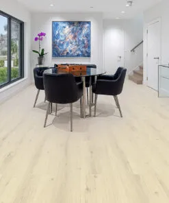 Elegant living room with fireplace, neutral furniture, and Como Oak White Swiss Cork Design Floating Flooring adding warmth and brightness.