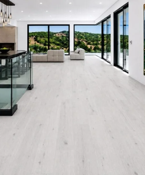 Como White Oak Swiss Design cork floating floor in a modern open-concept home
