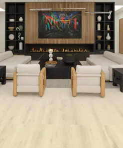 Modern dining room with large windows and Como Oak White Swiss Cork Design Floating Flooring,