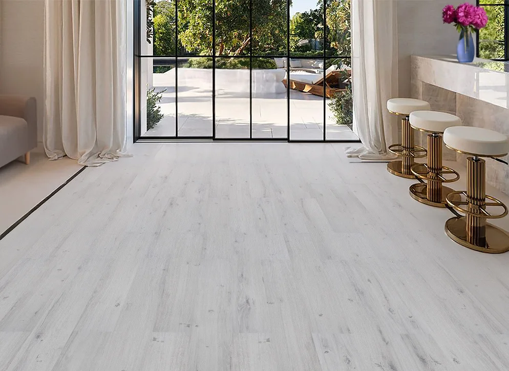 Como Oak White - 7/16" (11mm) - Swiss Design Cork Floating (FCOW11) White oak-look Swiss cork floating floor in a warm contemporary kitchen