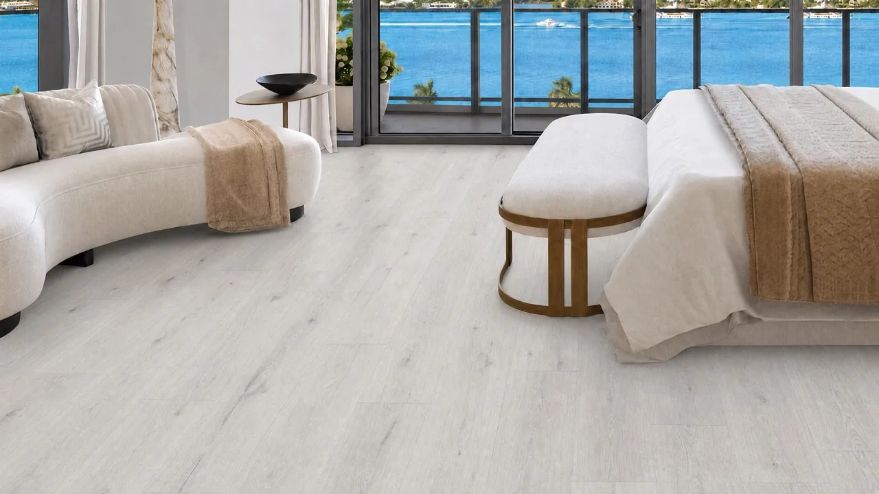 Como Oak White - 7/16" (11mm) - Swiss Design Cork Floating (FCOW11) Light Como Oak cork flooring in a bright bedroom overlooking the coast