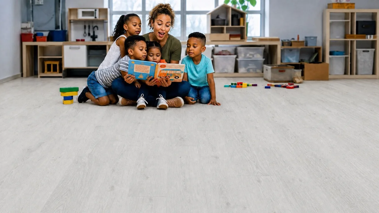 Como Oak White - 7/16" (11mm) - Swiss Design Cork Floating (FCOW11) Durable Swiss cork flooring in a colorful daycare playroom