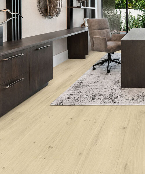 Stylish home office featuring Como Oak White cork flooring that adds warmth, comfort, and natural elegance.
