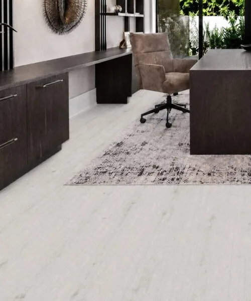 Como Oak White - 7/16" (11mm) - Swiss Design Cork Floating (FCOW11) Modern office featuring light oak-look Swiss cork floating flooring