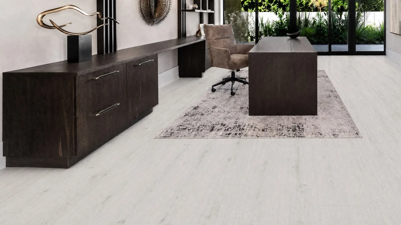 Como Oak White - 7/16" (11mm) - Swiss Design Cork Floating (FCOW11) Modern office featuring light oak-look Swiss cork floating flooring