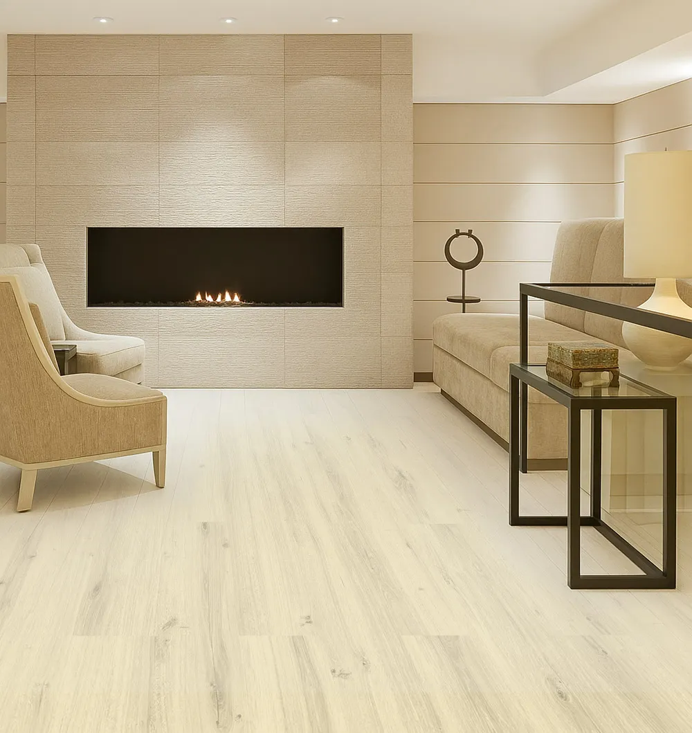 Elegant living room with Swiss Como White Oak Cork Floating Flooring, modern fireplace, and neutral decor showing natural light oak tones