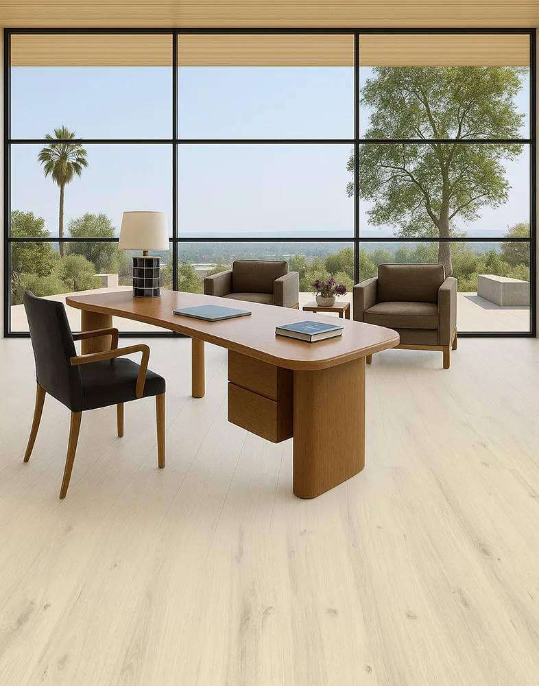 Como Oak White - 7/16" (11mm) - Swiss Design Cork Floating (FCOW11) Swiss Como White Oak Cork Floating Flooring in a professional conference room with oak table and modern chairs—durable, acoustic, and stylish for commercial offices.