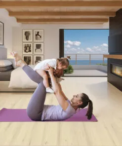 Swiss Como White Oak Design Cork Flooring in a bright coastal bedroom, soft and warm underfoot, ideal for yoga and family activities.