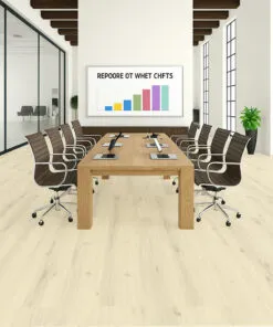Executive office with Swiss Como White Oak Cork Design Flooring and panoramic windows, highlighting natural wood grain and luxurious texture boardroom