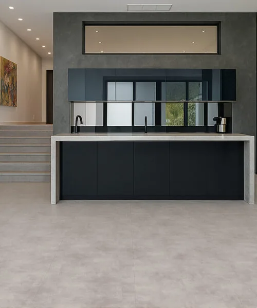Copperstone Gray - 3/8" (9.5mm) - Forna Natural Composite Flooring with Waterproof Hydrowood Core (NCopG9.5) Sophisticated basement wine tasting room with Copperstone Gray waterproof Natural Composite floor and cozy atmosphere.