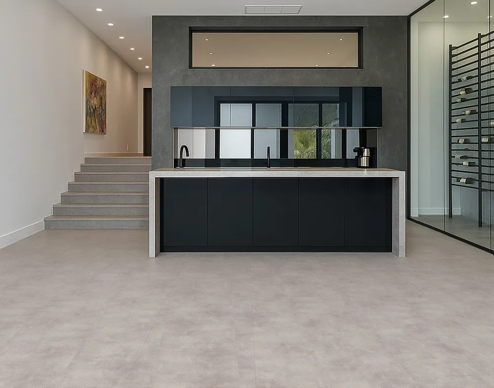 Copperstone Gray - 3/8" (9.5mm) - Swiss Real Linoleum Hydrowood Core Waterproof Floating Flooring (NCopG9.5) Sophisticated basement wine tasting room with Copperstone Gray waterproof linoleum floor and cozy atmosphere.