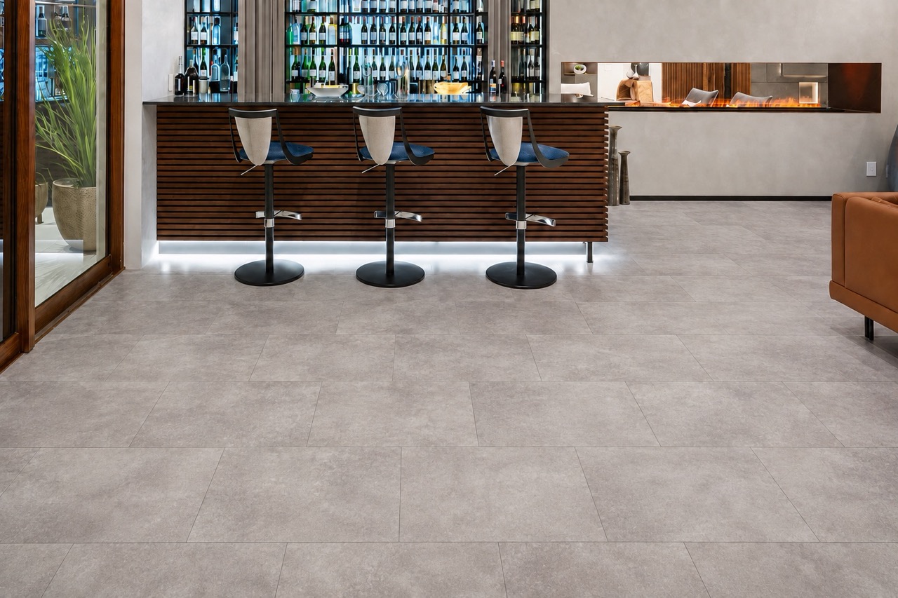 Copperstone Gray - 3/8" (9.5mm) - Forna Natural Composite Flooring with Waterproof Hydrowood Core (NCopG9.5) Copperstone Gray natural composite click-lock flooring covers a contemporary entertainment room with wood bar, stools, and linear fireplace.