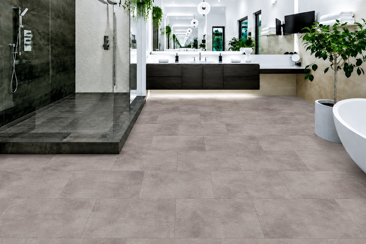 Copperstone Gray - 3/8" (9.5mm) - Forna Natural Composite Flooring with Waterproof Hydrowood Core (NCopG9.5) Copperstone Gray waterproof natural composite flooring complements a modern bathroom with dark shower tile and floating vanity.