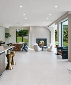 creme royal marble forna cork flooring living room with leather sofa