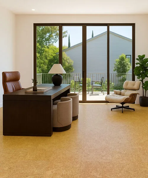Desert Arable - 25/64" (10mm) - Cork Floating (FDA10) Bright home office space featuring golden Desert Arable cork flooring, a modern desk setup, and full-height doors overlooking a garden.