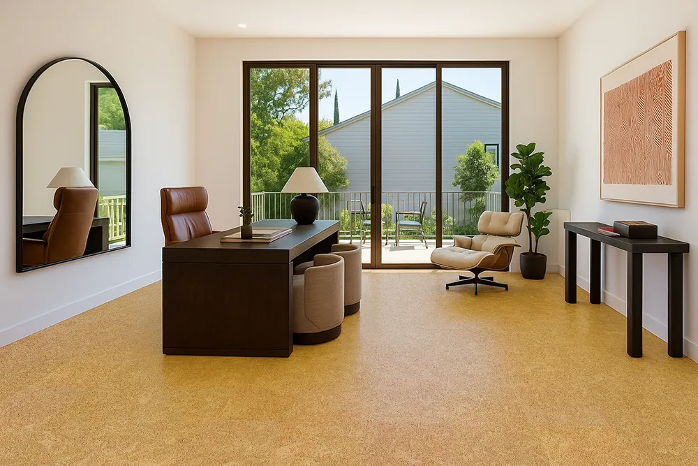 Desert Arable - 25/64" (10mm) - Cork Floating (FDA10) Bright home office space featuring golden Desert Arable cork flooring, a modern desk setup, and full-height doors overlooking a garden.