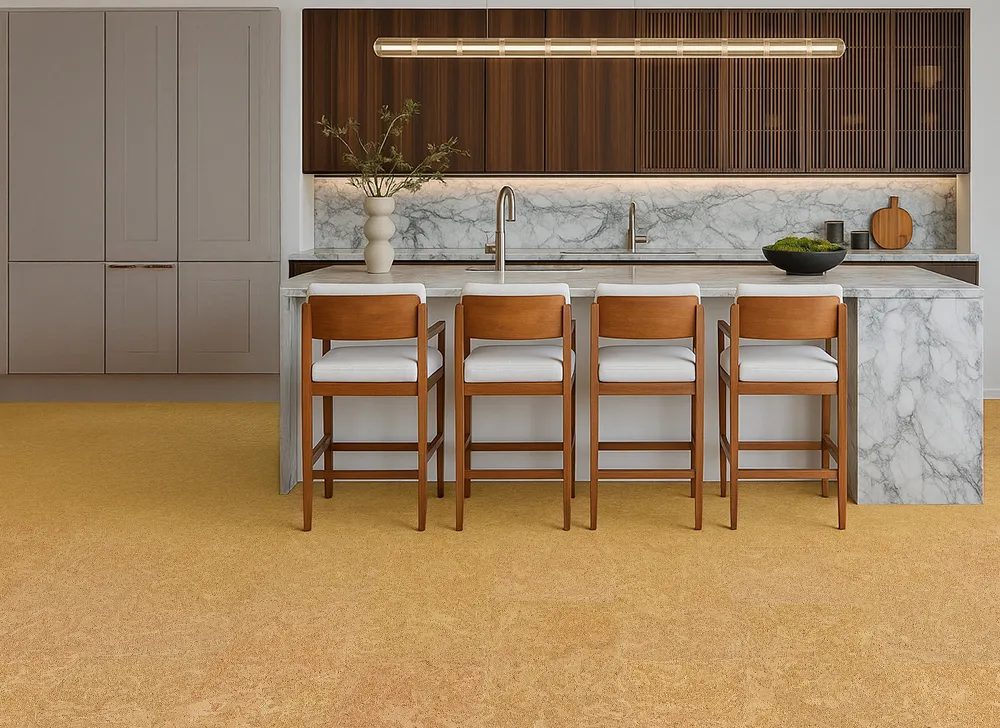 Desert Arable - 25/64" (10mm) - Cork Floating (FDA10) High-end kitchen design showcasing a marble island, wooden cabinetry, and natural Desert Arable cork flooring in a warm yellow-gold tone.