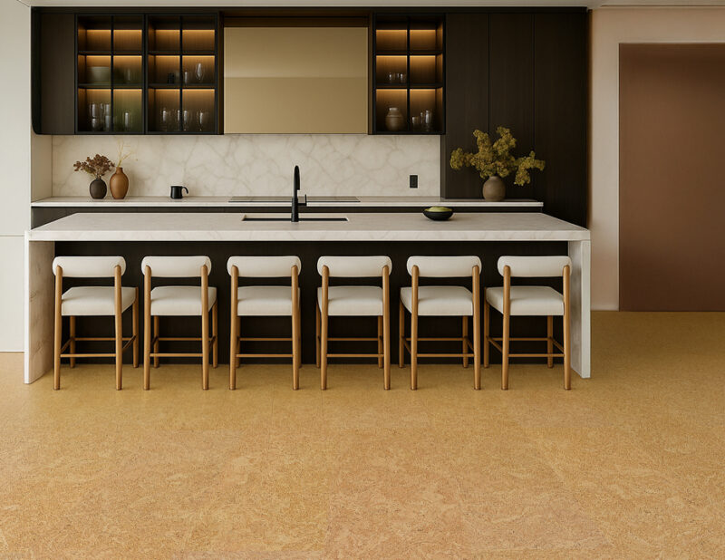 Stylish kitchen interior with a long island, soft lighting, and warm Desert Arable cork floors that add comfort and natural texture.
