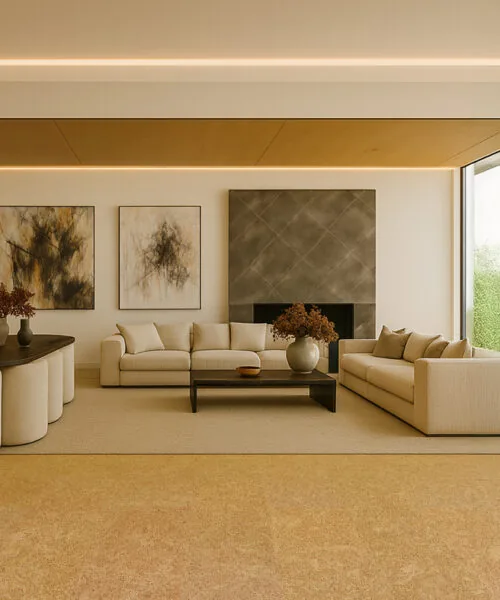 Desert Arable - 25/64" (10mm) - Cork Floating (FDA10) Elegant living room with neutral furniture, a textured fireplace wall, and smooth Desert Arable cork floors creating a warm, inviting atmosphere.