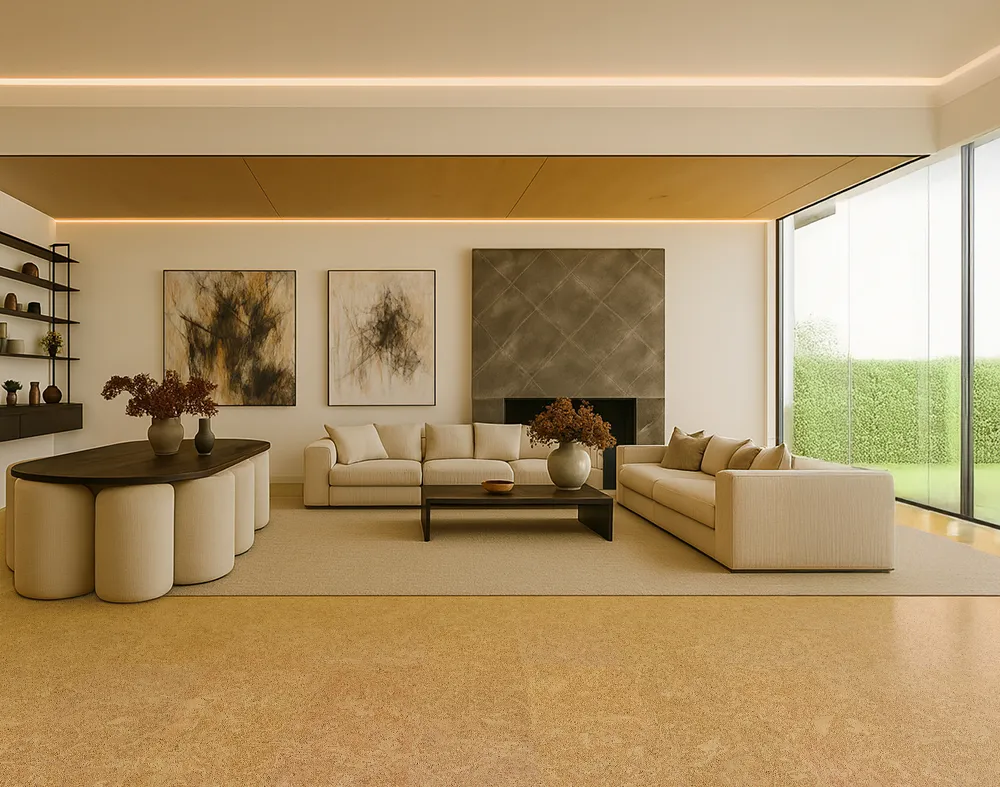 Desert Arable - 25/64" (10mm) - Cork Floating (FDA10) Elegant living room with neutral furniture, a textured fireplace wall, and smooth Desert Arable cork floors creating a warm, inviting atmosphere.