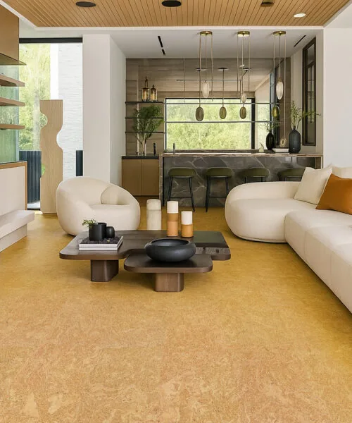 Desert Arable - 25/64" (10mm) - Cork Floating (FDA10) Contemporary open-concept living area with curved seating, modern décor, and Desert Arable cork flooring used throughout the space