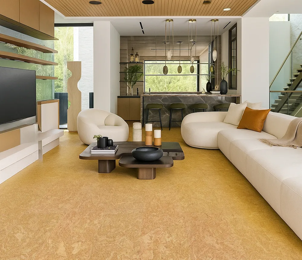 Desert Arable - 25/64" (10mm) - Cork Floating (FDA10) Contemporary open-concept living area with curved seating, modern décor, and Desert Arable cork flooring used throughout the space
