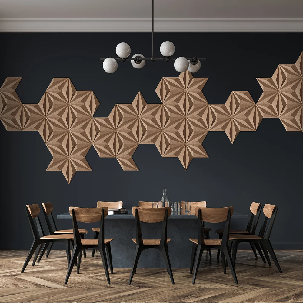 3D acoustic cork wall panels in a diamond pattern
