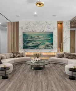 Earthy Pine lino design flooring in a contemporary living room, offering waterproof durability for commercial use.