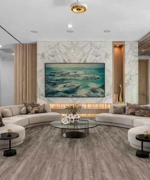 Earthy Pine - 3/8" (9.5mm) - Forna Natural Composite Flooring with Waterproof Hydrowood Core (NEthPin9.5) Earthy Pine Forna Natural Composite flooring in a contemporary living room, offering waterproof durability for commercial use.