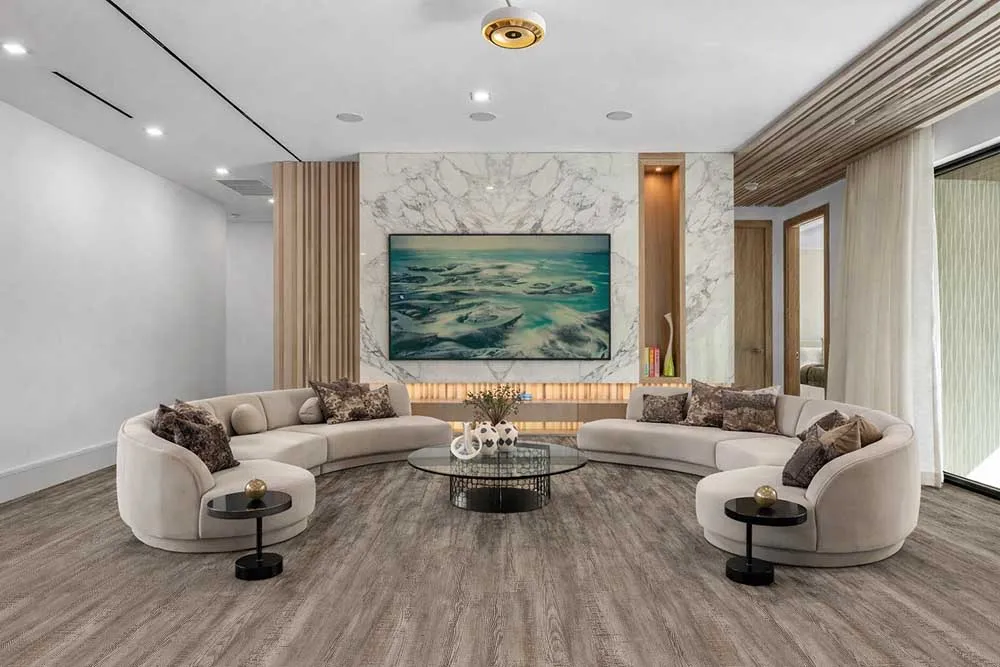 Earthy Pine - 3/8" (9.5mm) - Swiss Real Linoleum Hydrowood Core Waterproof Floating Flooring (NEthPin9.5) Earthy Pine lino design flooring in a contemporary living room, offering waterproof durability for commercial use.