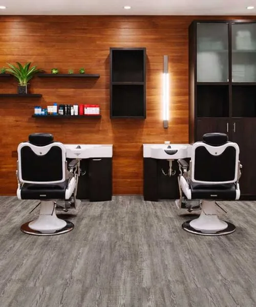 Earthy Pine - 3/8" (9.5mm) - Forna Natural Composite Flooring with Waterproof Hydrowood Core (NEthPin9.5) Professional salon space with Earthy Pine waterproof Natural Composite flooring, easy to maintain and ideal for commercial settings.