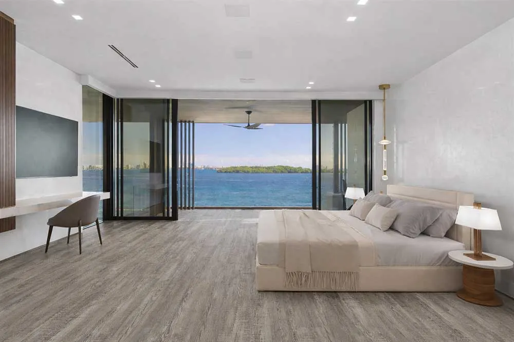 Earthy Pine - 3/8" (9.5mm) - Swiss Real Linoleum Hydrowood Core Waterproof Floating Flooring (NEthPin9.5) Warm Earthy Pine linoleum waterproof flooring creating a calm, modern hotel-style bedroom interior.