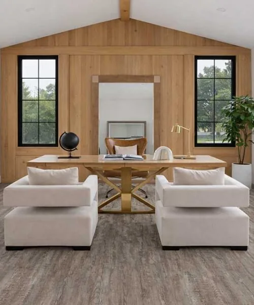 Earthy Pine - 3/8" (9.5mm) - Forna Natural Composite Flooring with Waterproof Hydrowood Core (NEthPin9.5) Bright home office with Earthy Pine Forna Natural Composite flooring, designed for comfort and commercial performance.