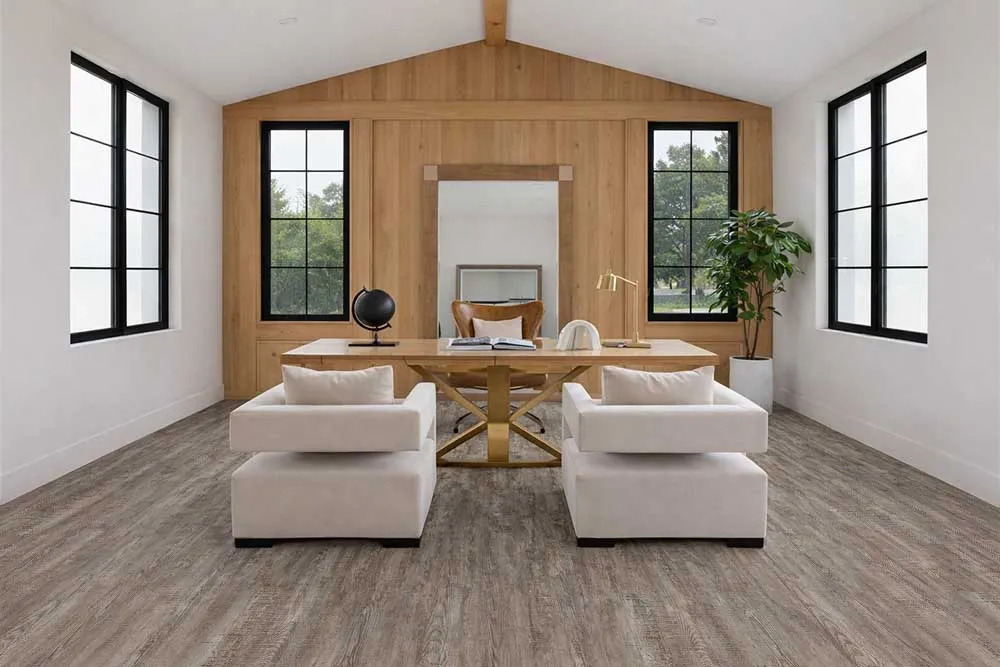 Earthy Pine - 3/8" (9.5mm) - Swiss Real Linoleum Hydrowood Core Waterproof Floating Flooring (NEthPin9.5) Bright home office with Earthy Pine Swiss Real Linoleum flooring, designed for comfort and commercial performance.